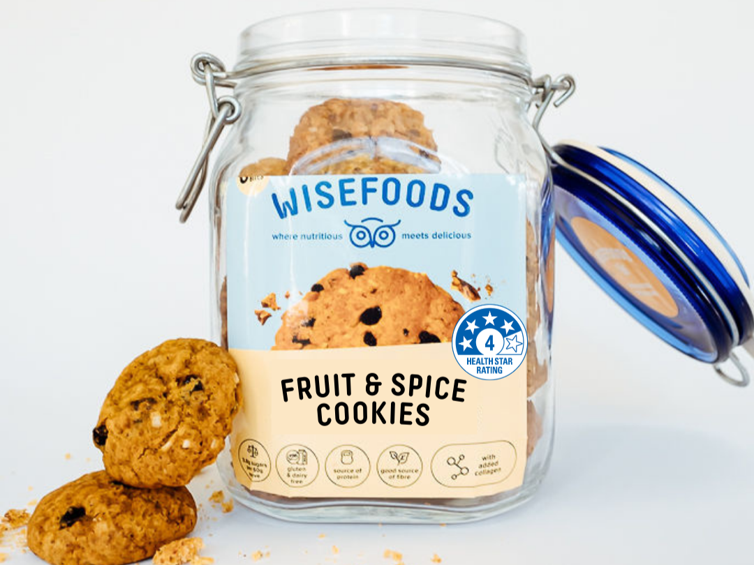Wisefoods | A jar of 4.0 Health Star rated Fruit & Spice cookies with collagen