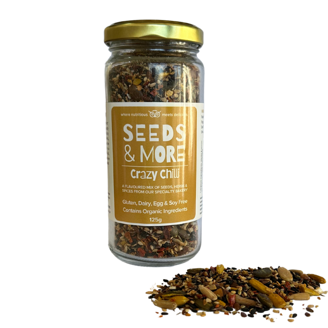 Wisefoods | Seeds &amp; More - Crazy Chilli - 125g Jar with seed mix sprinkled in the foreground