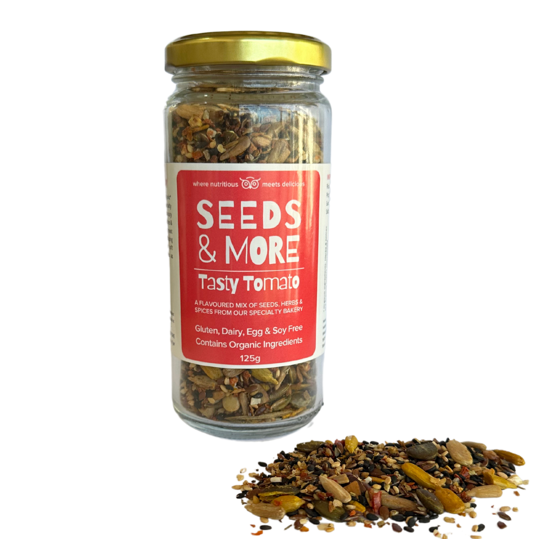 Wisefoods | Seeds &amp; More - Tasty Tomato - 125g Jar with seed mix sprinkled in the foreground