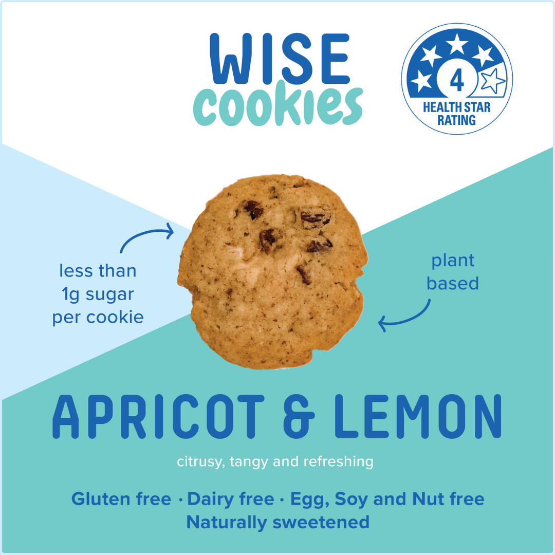Wisefoods | Apricot &amp; Lemon 4.0 Health Star rated, allergy-friendly, plant-based Wise Cookies - front label