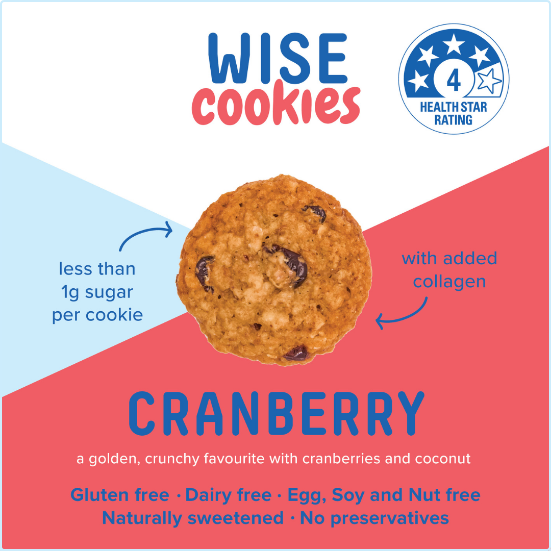 Wisefoods | Cranberry 4.0 Health Star rated, allergy-friendly Wise Cookies, with added Collagen - front label