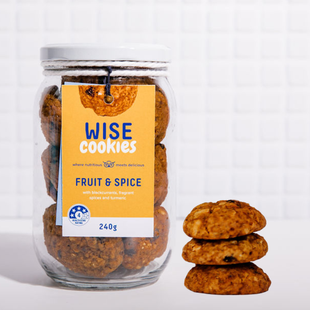 Wisefoods | 240g Glass Gift jar of 4.0 Health Star rated, allergy-friendly, collagen Fruit &amp; Spice Wise Cookies with a stack of cookies on the right