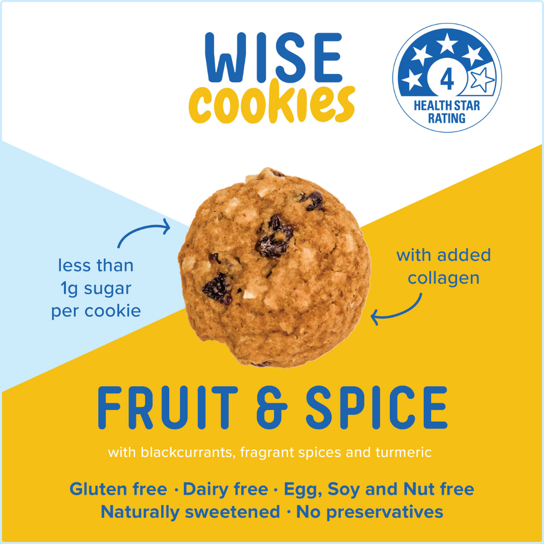 Wisefoods | 240g Glass Gift jar of 4.0 Health Star rated, allergy-friendly, collagen Fruit & Spice Wise Cookies with a stack of cookies on the right and a hand holding one cookie between thumb and forefinger above that