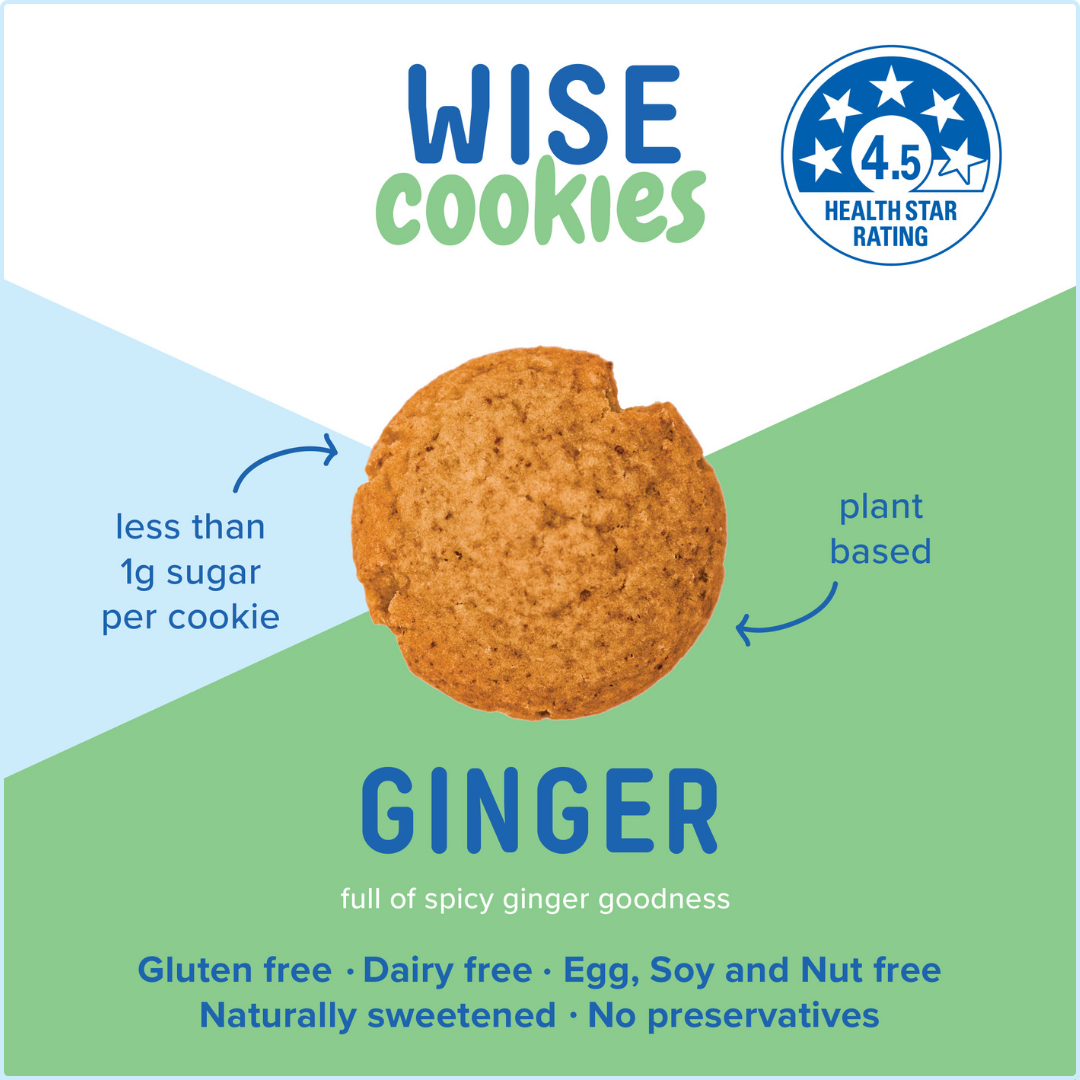 Wisefoods | 4.5 Health Star rated, allergy-friendly, low sugar Ginger Wise Cookies in a glass jar with a stack of loose cookies and a hand holding one between thumb and forefinger to the right of the jar