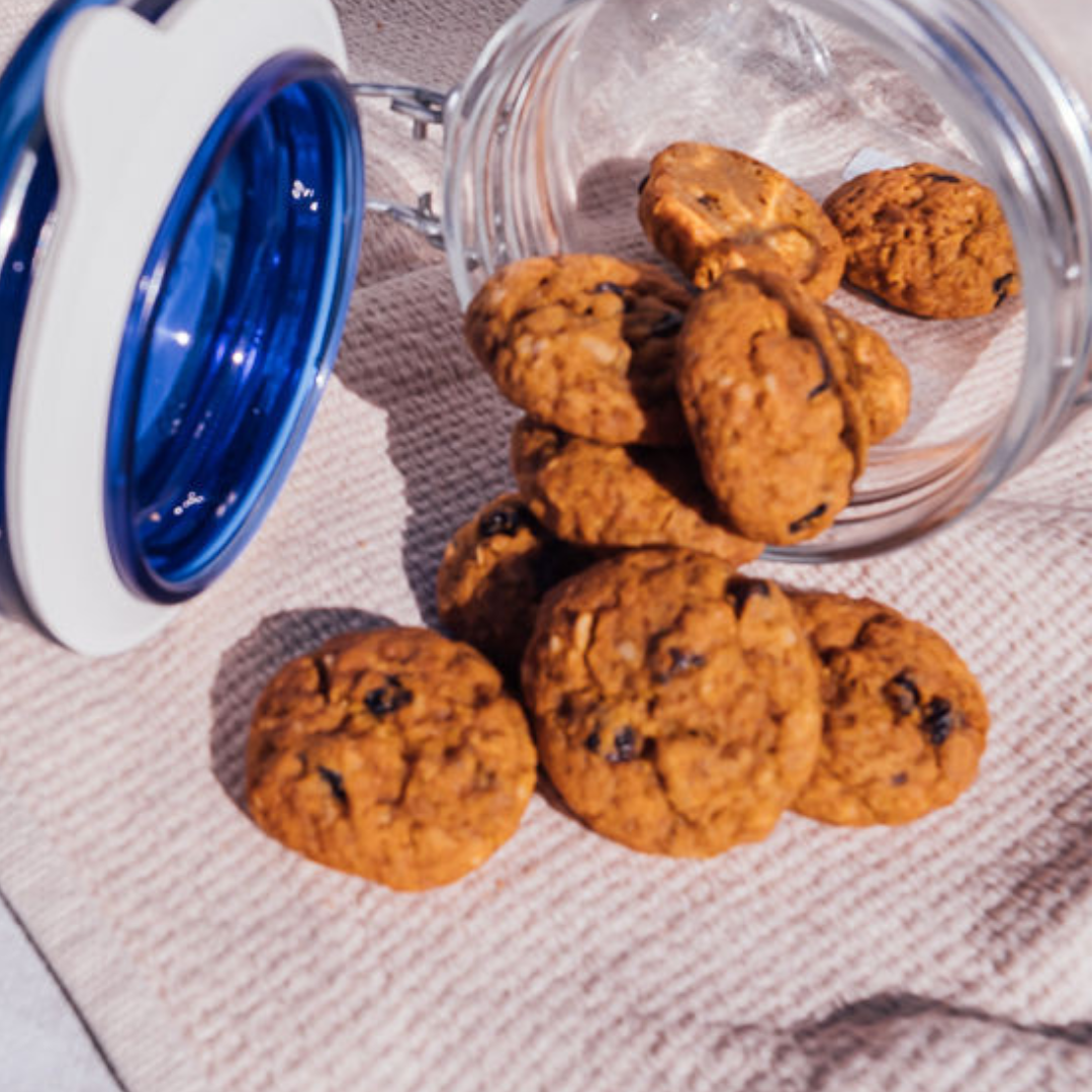 Wisefoods | 4.0 Health Star rated and allergy-friendly, low sugar Fruit &amp; Spice collagen Wise Cookies spilling out of an open flip top jar with loose cookies alongside